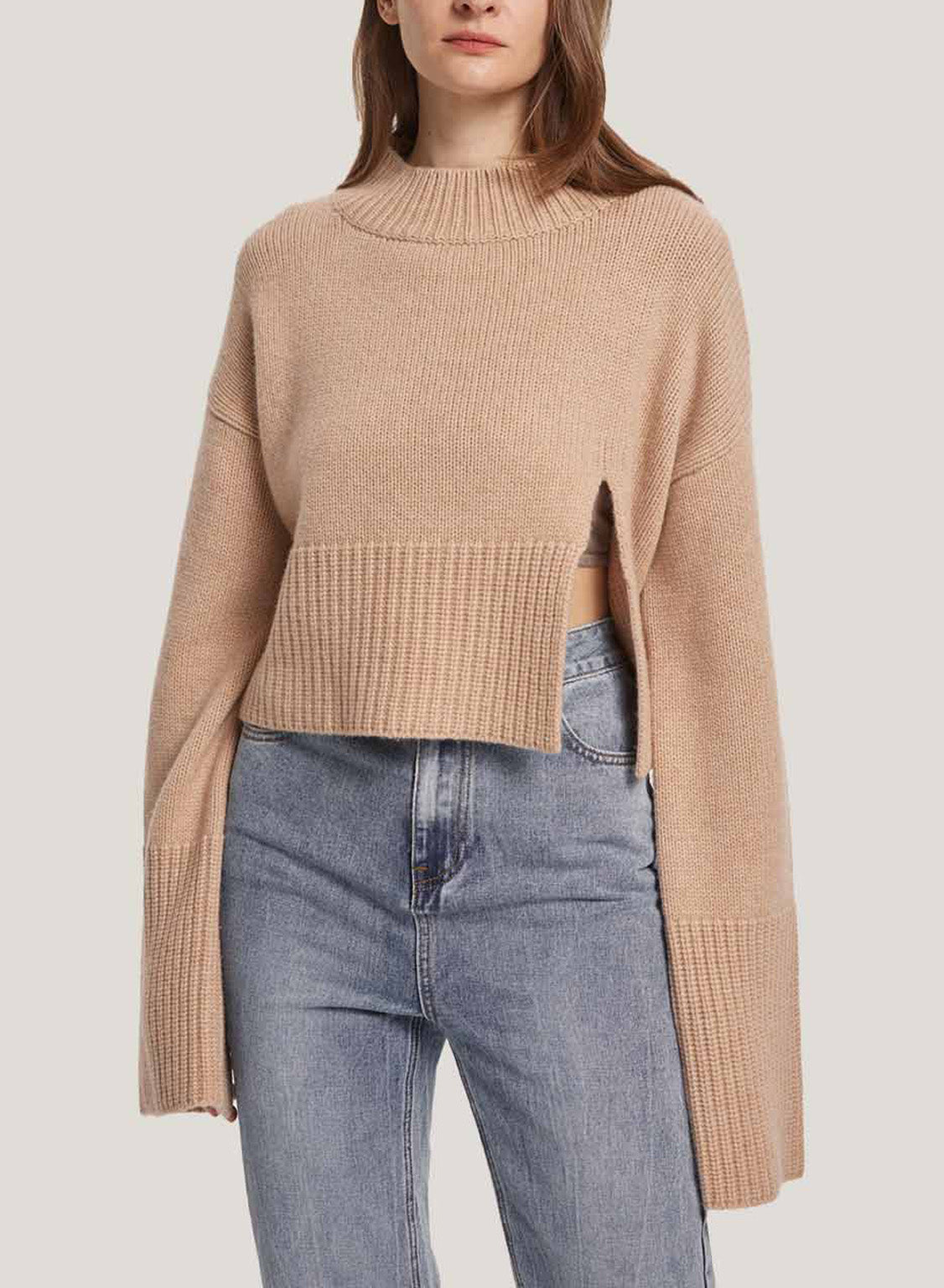 Cropped Wool-Cashmere Sweater With Slit Sleeves - Beige, XL image