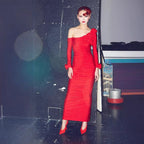 Three-dimensional Flower Slanted Shoulder Long Sleeved Dress image 0