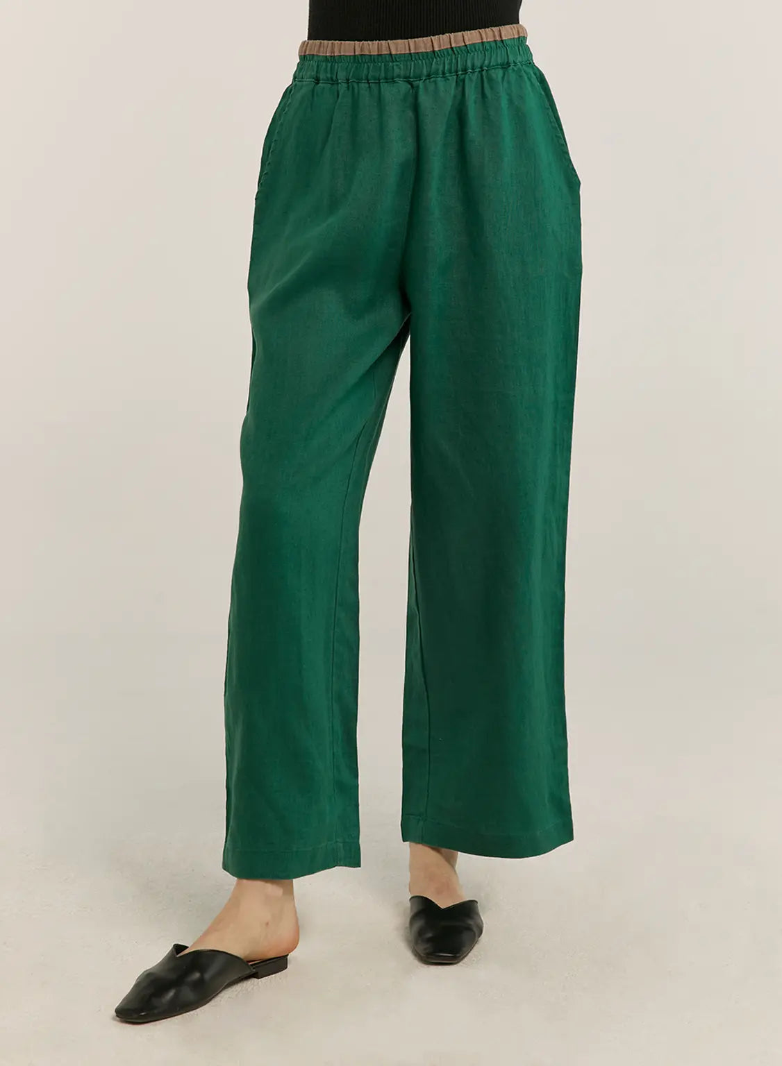 100% Linen Contrast Waist Straight Pants image 0
