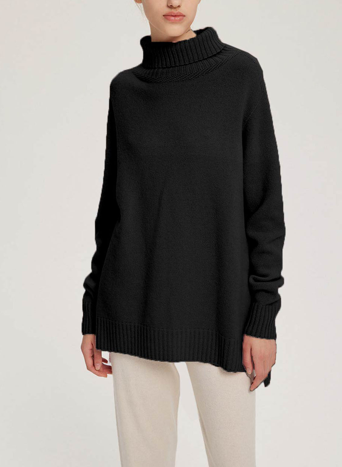Ribbed-Trim Funnel-Neck Wool-Cashmere Sweater - Black, XL image