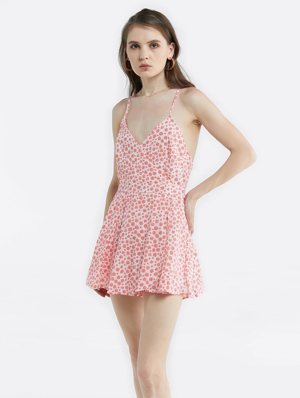 Floral V-neck Lace-up Flounce Romper - MistyRose, L image