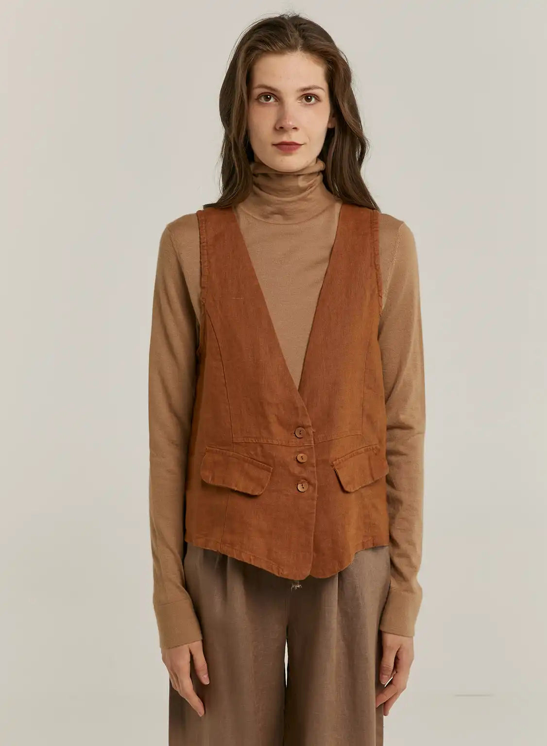 100% Linen Deep V-neck Buttoned Vest - Sepia, OS image