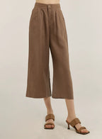 100% Linen Cropped Wide-Leg Pants - Dark Brown, L image