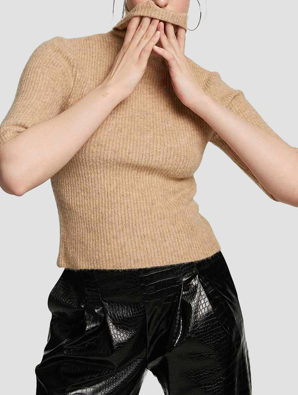 Roll Neck Sweater with Elbow-length Sleeves - Light Camel, L image