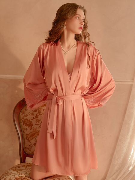 Sexy thin satin lace cardigan strappy nightgown