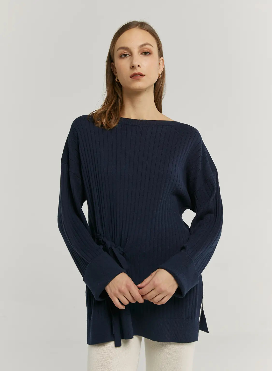Drawstring Detail Boatneck Knitted Top