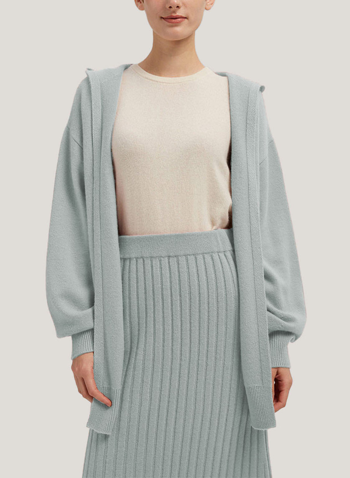 Wool-Cashmere Cardigan With Hooded - Lake Blue, M image