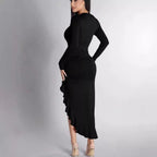 Round Neck Long Sleeve Slim Solid Color Frill Split Ruffled Dress image 1