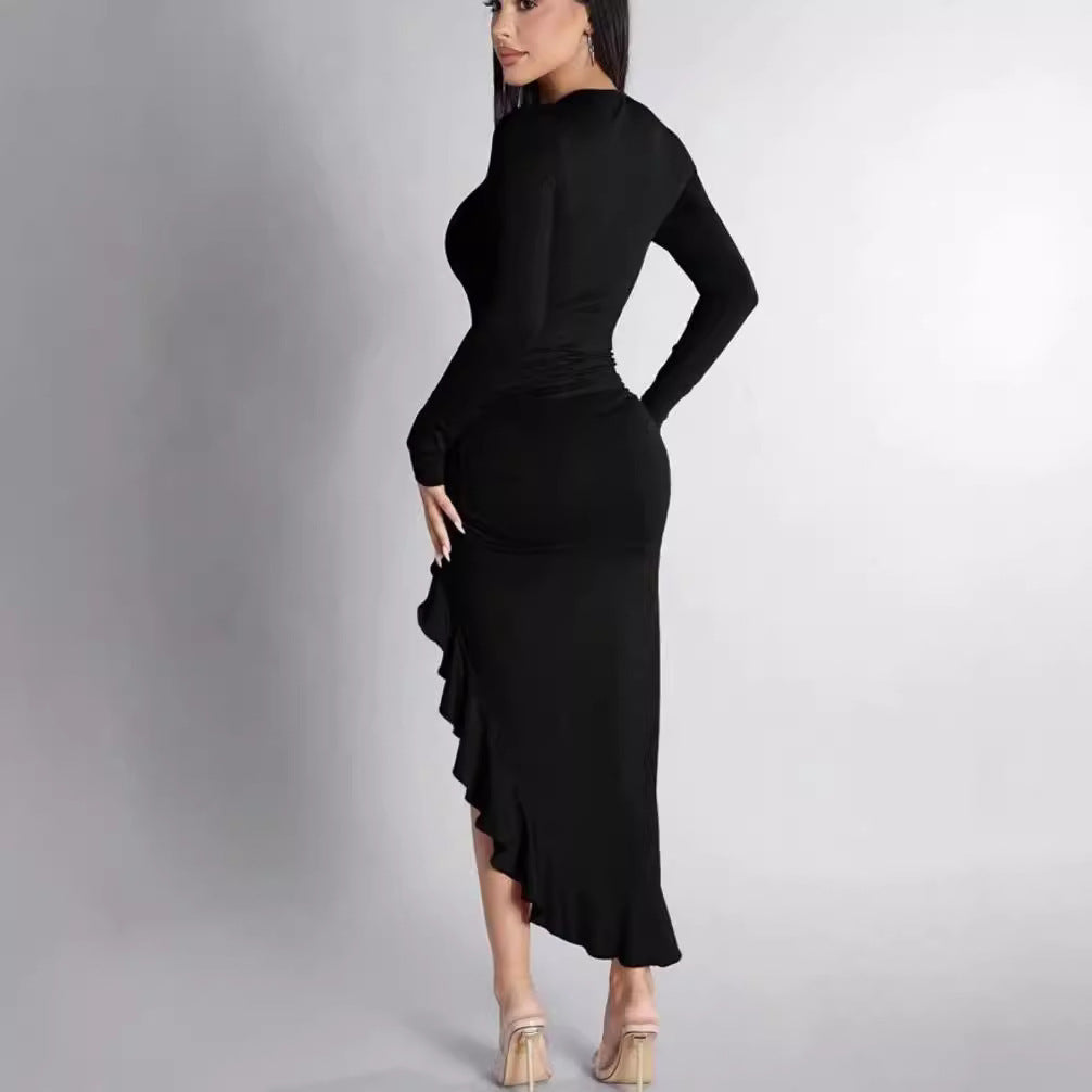 Round Neck Long Sleeve Slim Solid Color Frill Split Ruffled Dress image 1