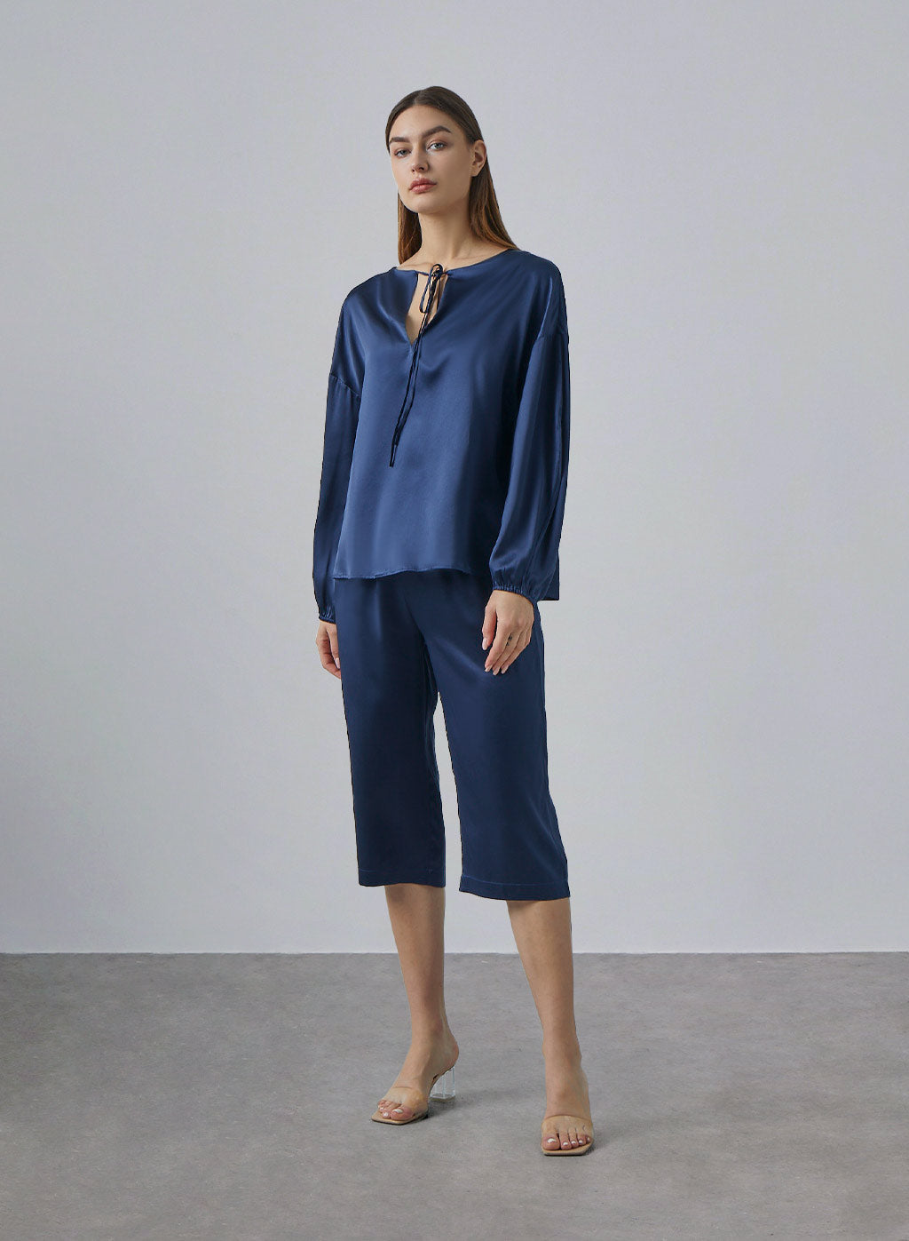 Drawstring Long Sleeve Silk Pajama Set image 0