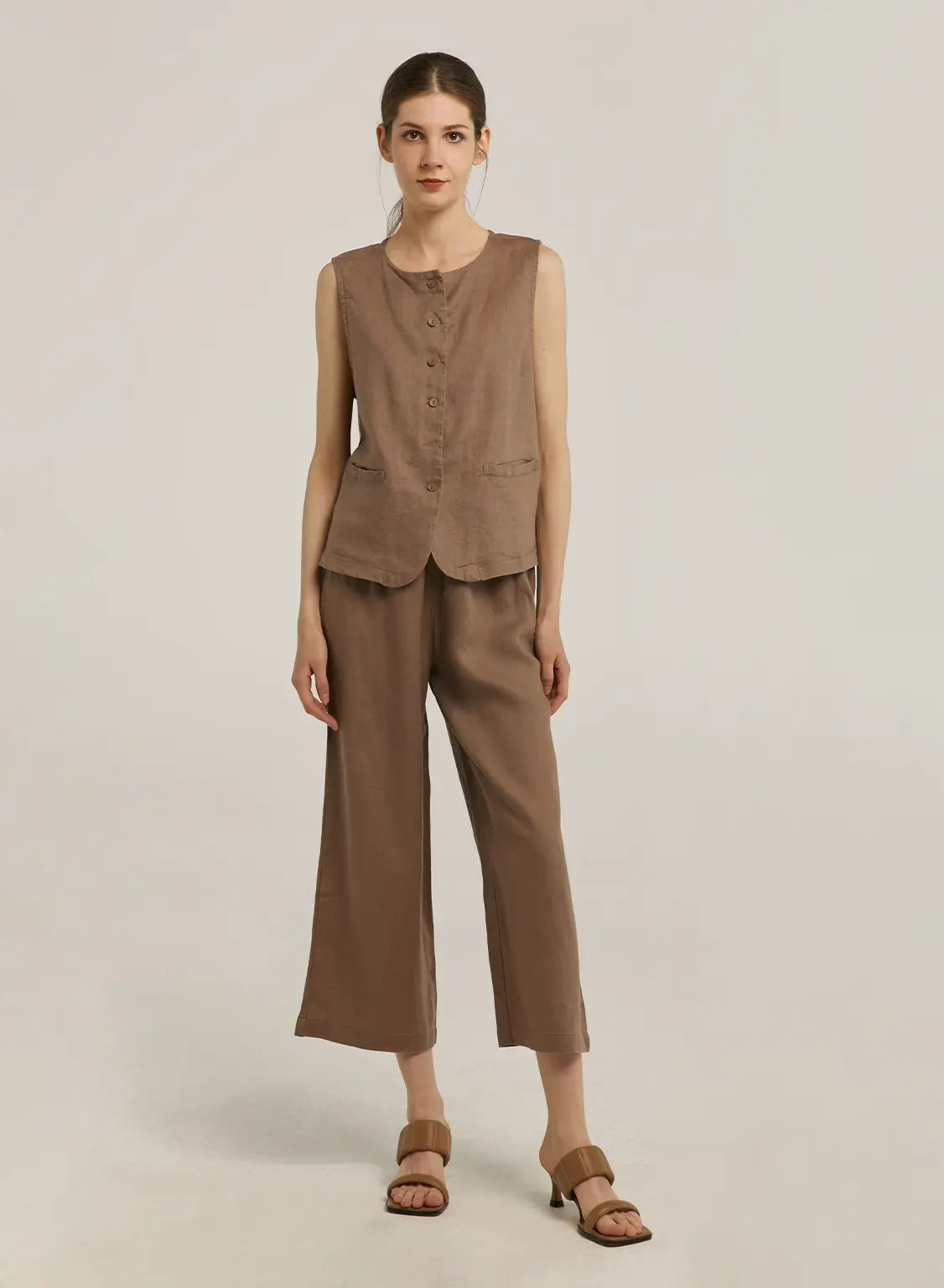 100% Linen Cropped Straight Pants image 1