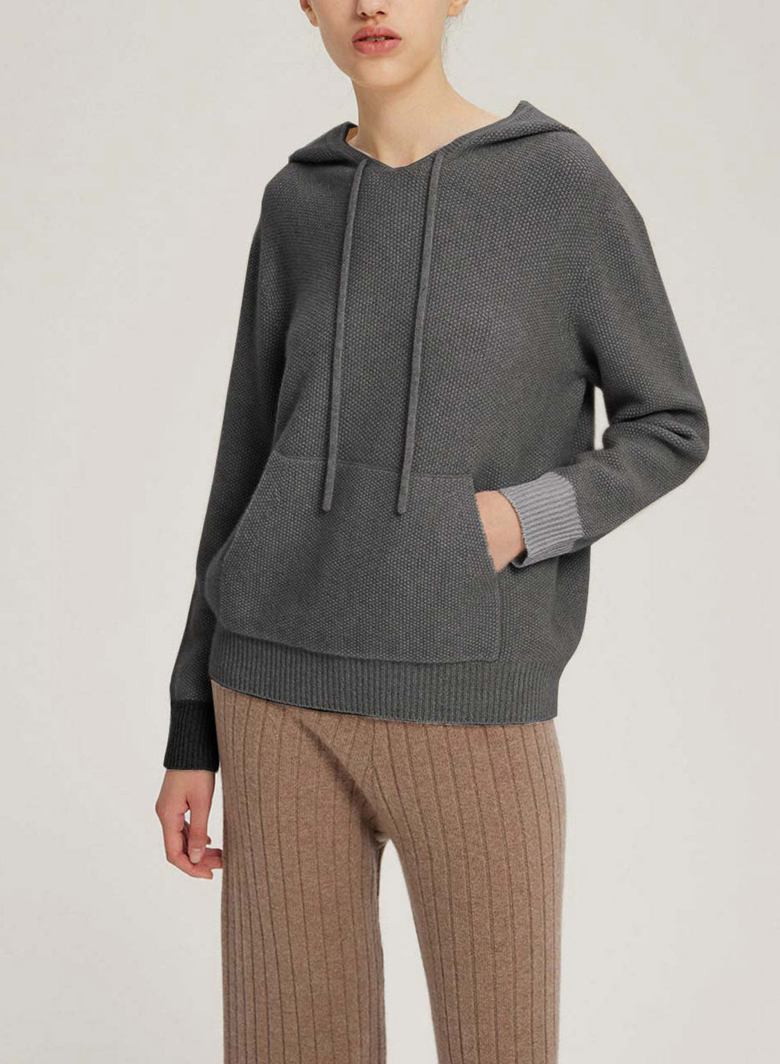Drawstring Wool-Cashmere Knitted Hoodie - Smoke, L image