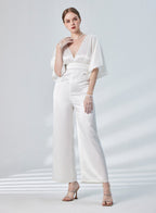 Flutter Sleeve Deep V-neck Satin Jumpsuit - Pearl White, XS image