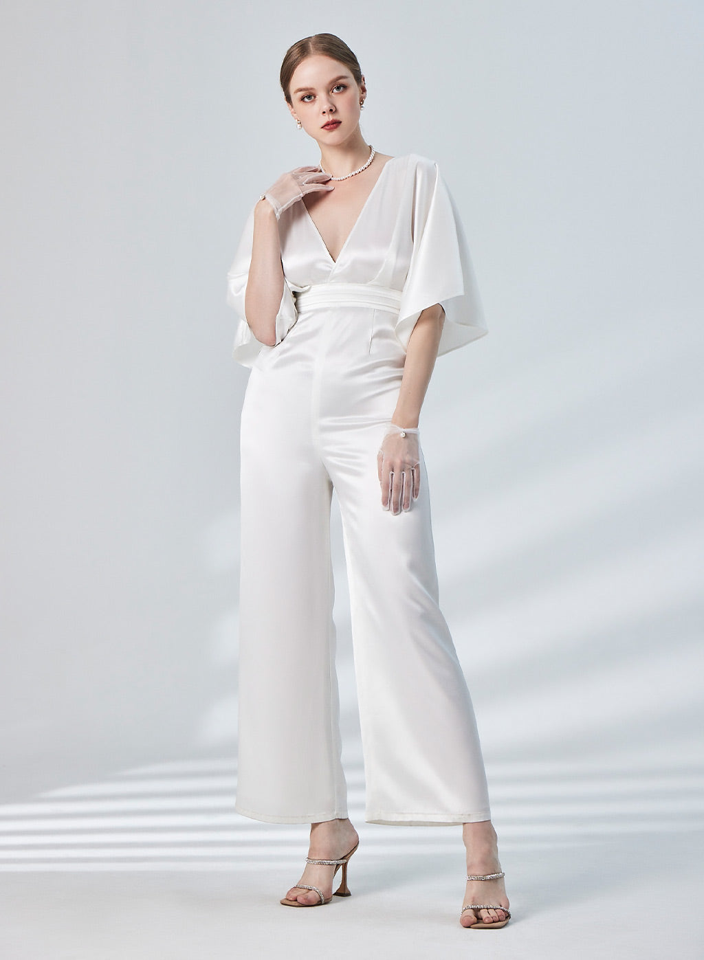 Flutter Sleeve Deep V-neck Satin Jumpsuit - Pearl White, XS image