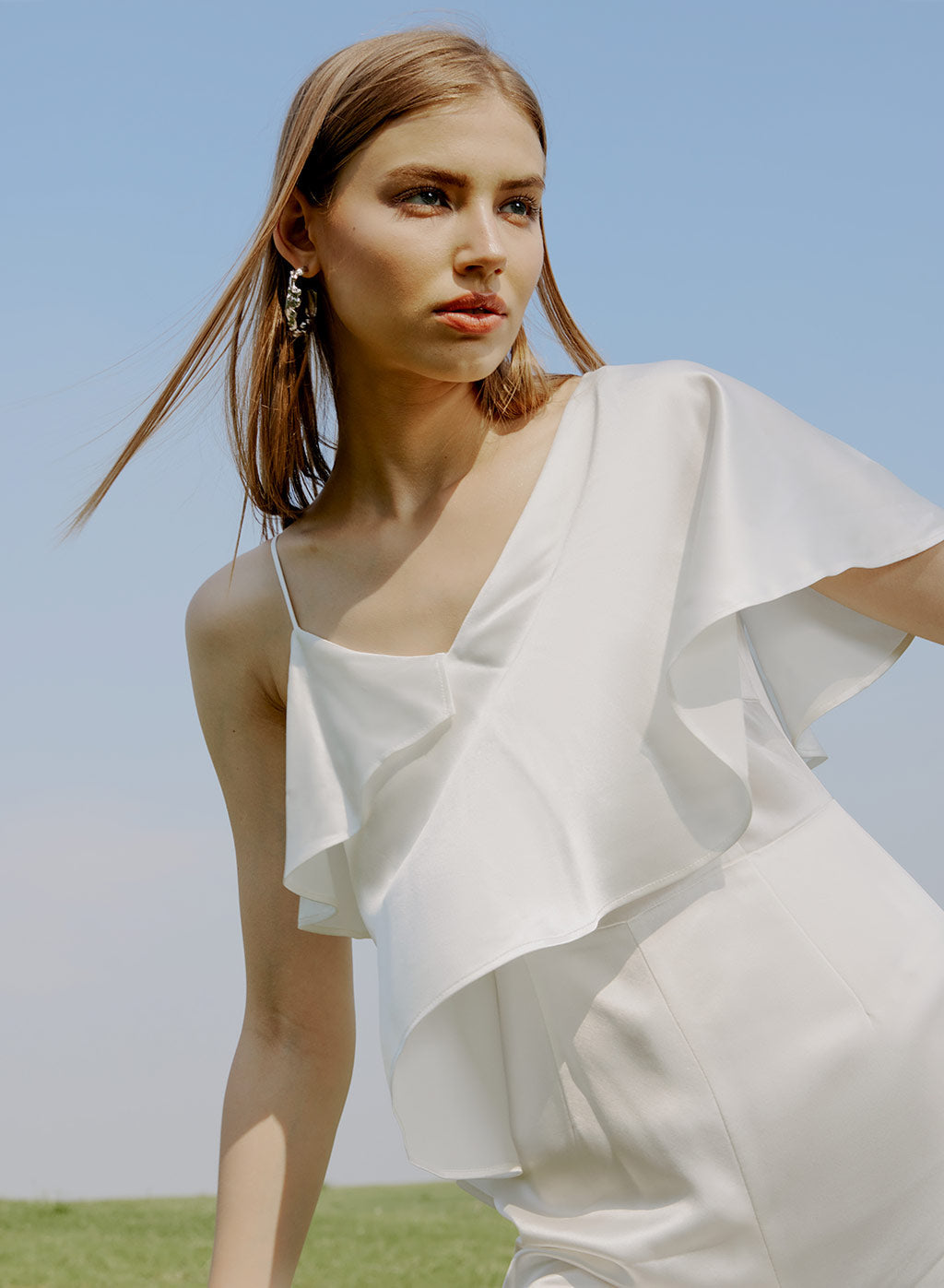 Diagonal Peplum Shoulder Satin Jumpsuit - Ivory, XS image