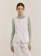 100% Linen Crew-Neck Buttoned Vest - White, OS image