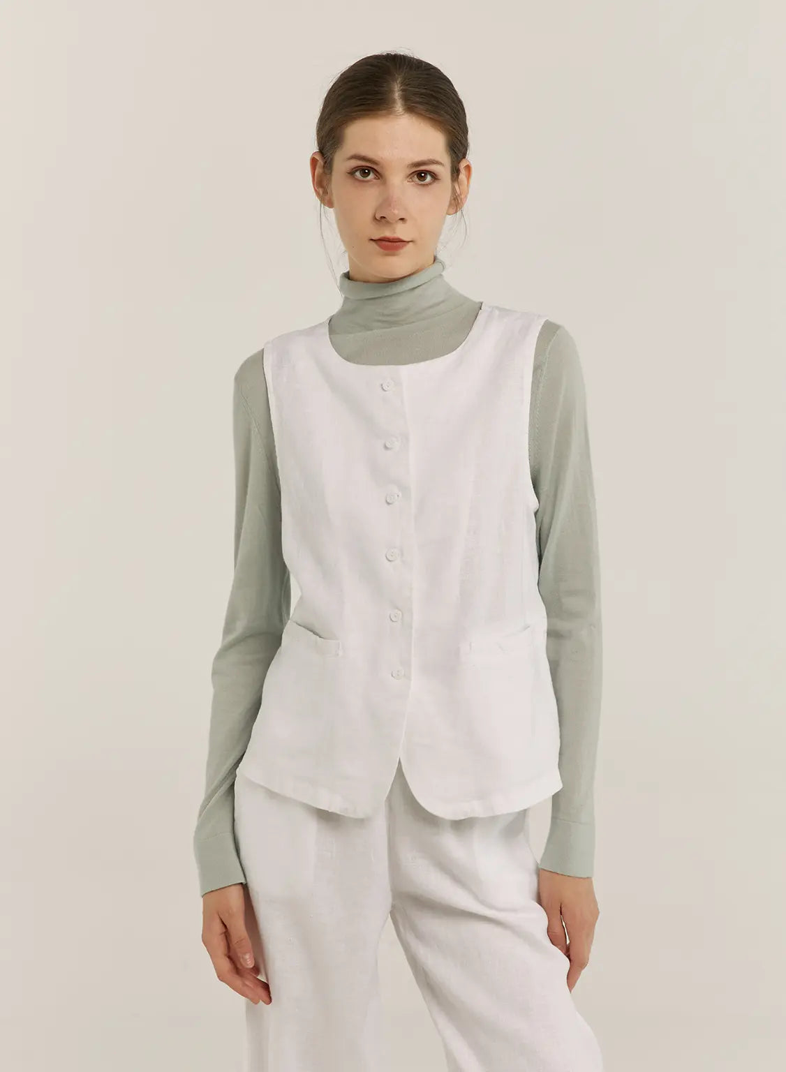 100% Linen Crew-Neck Buttoned Vest - White, OS image