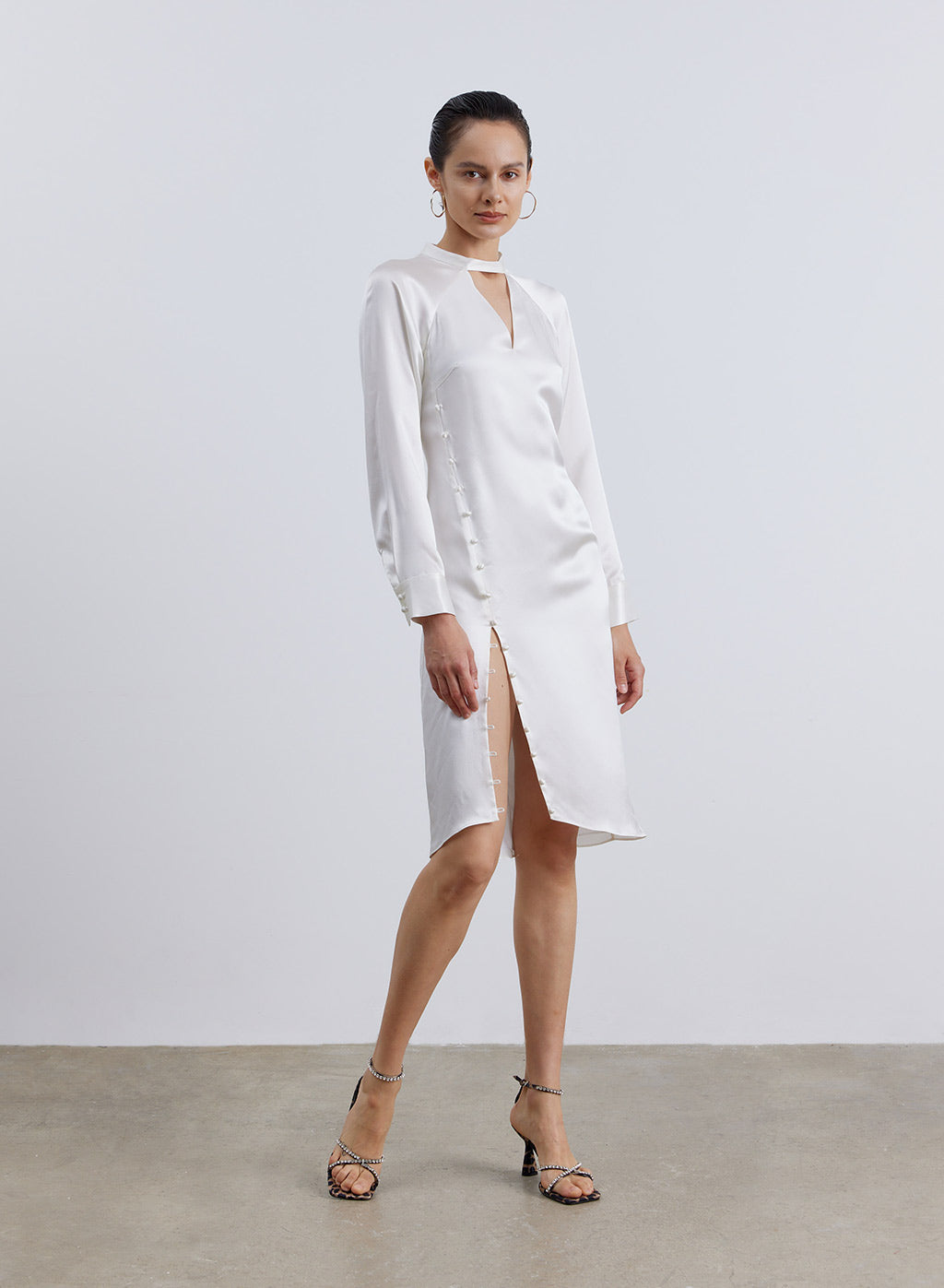 Button &amp; Loop Side Slit Silk Dress image 1
