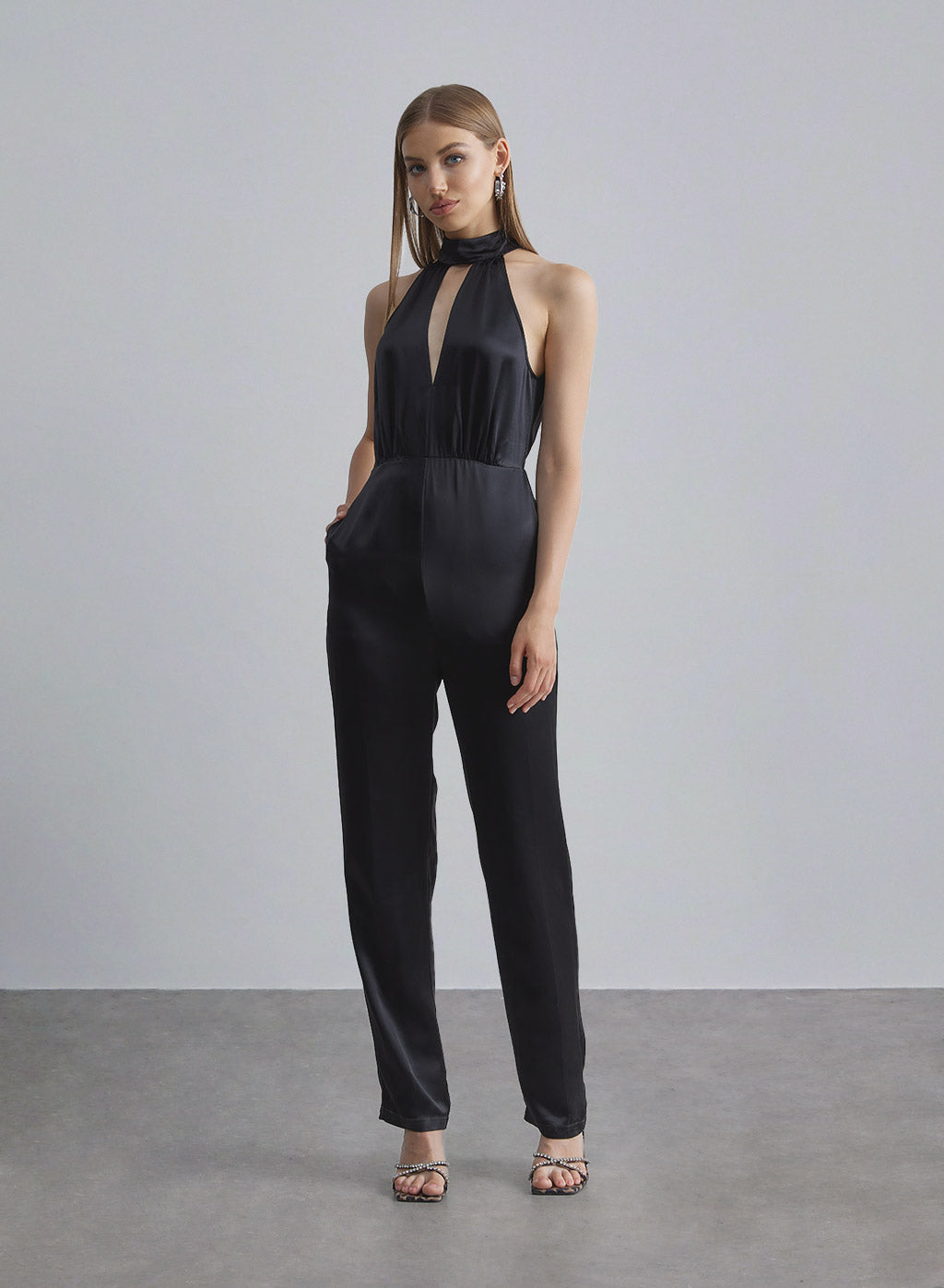 Turtle Neck Cut-out Satin Jumpsuit - Midnight Black, XS image