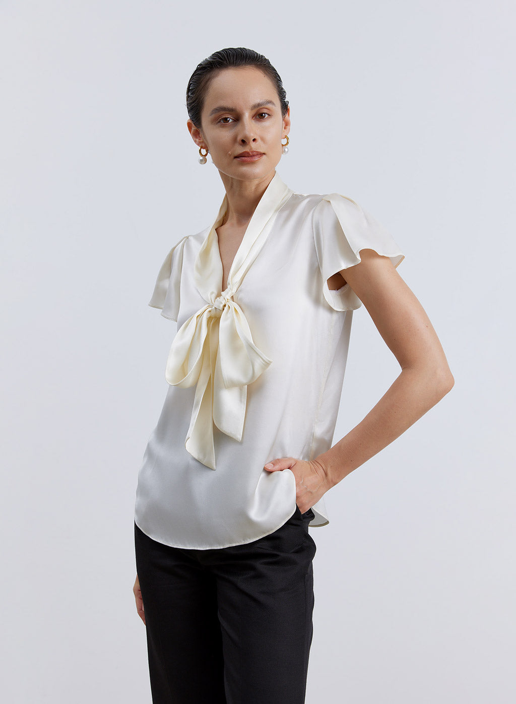 Flare Sleeve Bowknot Silk Top image 0
