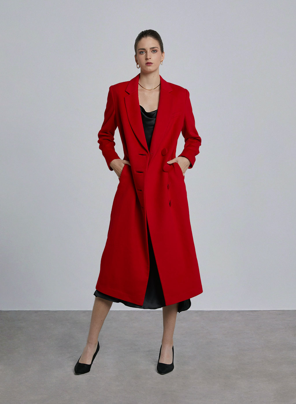 Classic Notch Lapel A-line Wool Coat - Scarlet Red, M image
