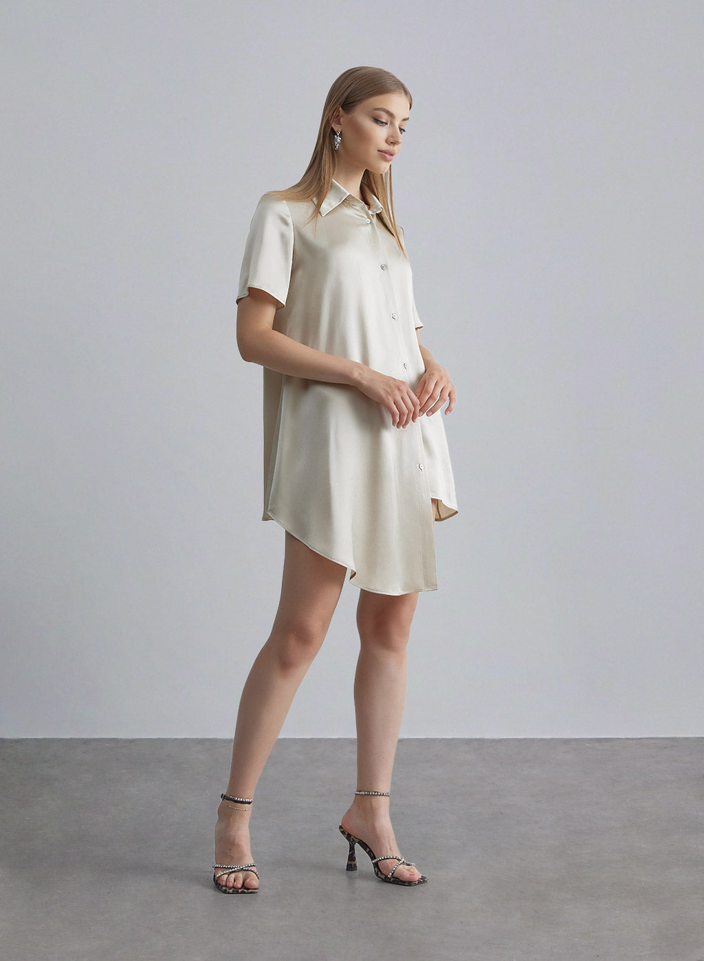 Diagonal Placket Silk Dress - Beige, S image