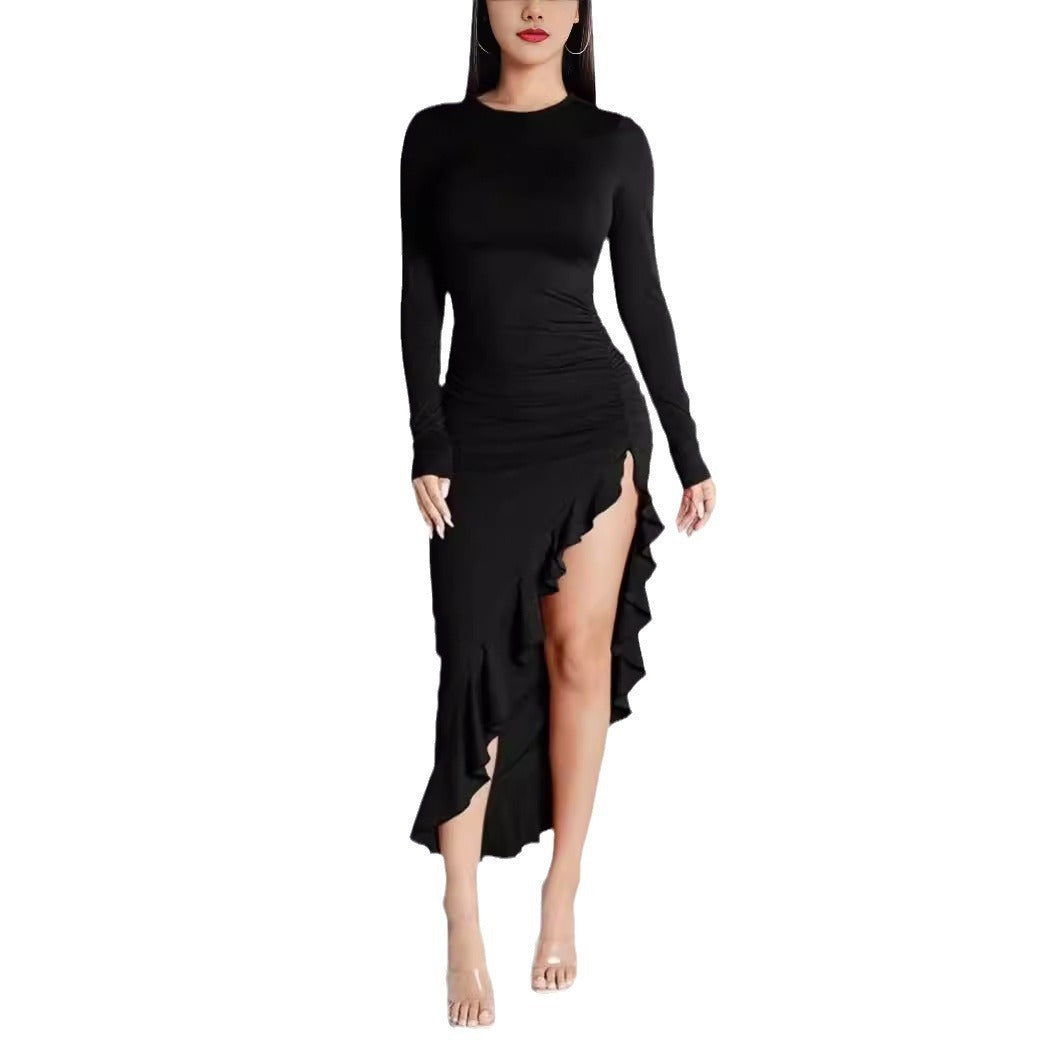 Round Neck Long Sleeve Slim Solid Color Frill Split Ruffled Dress image 2