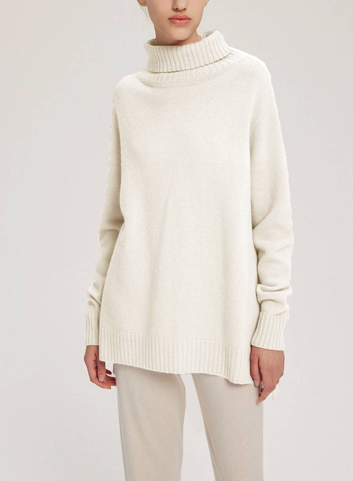 Ribbed-Trim Funnel-Neck Wool-Cashmere Sweater - Ivory, S image