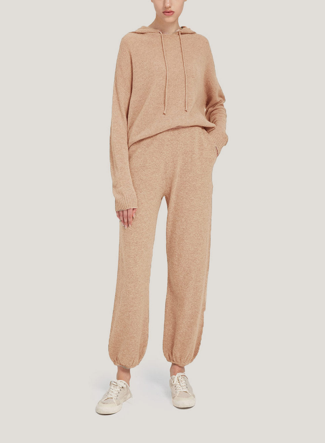 Fine-Knit Wool-Cashmere Hoodie Set - Beige, S image