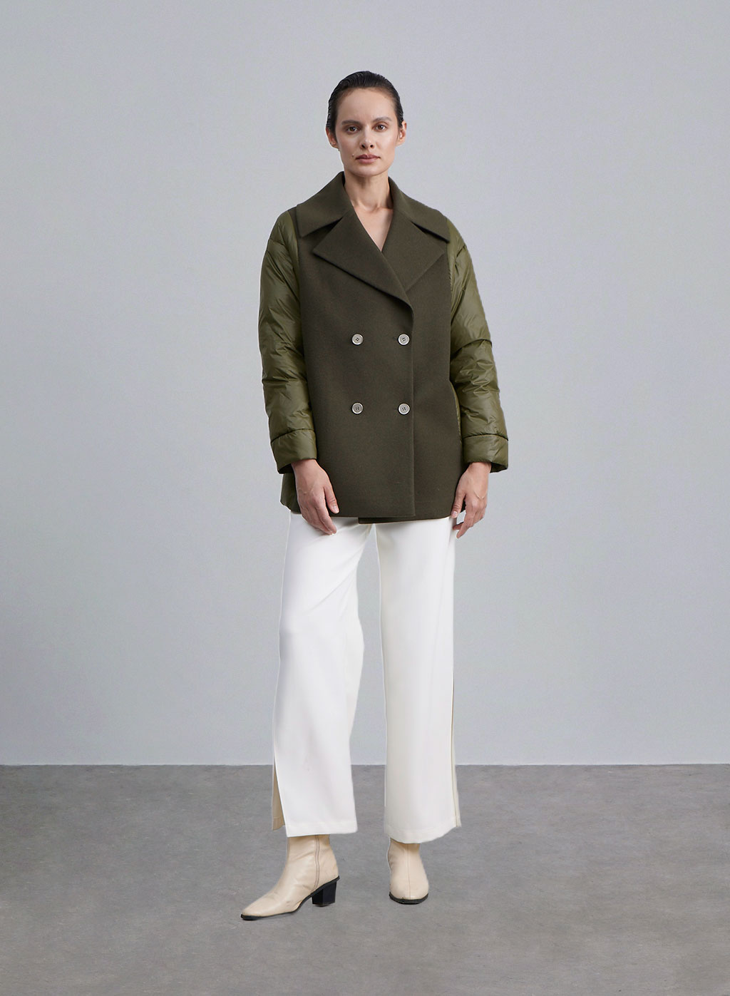 Double Breasted Pachwork Wool Jacket - Green Metal, S image
