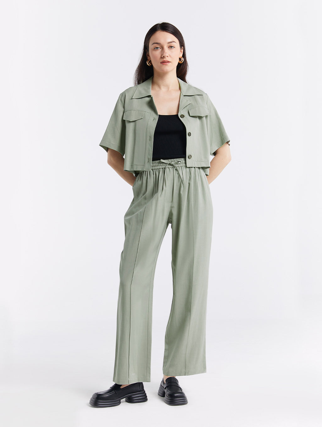 Linen Blend Shirt &amp; Pants Set - Sage, L image