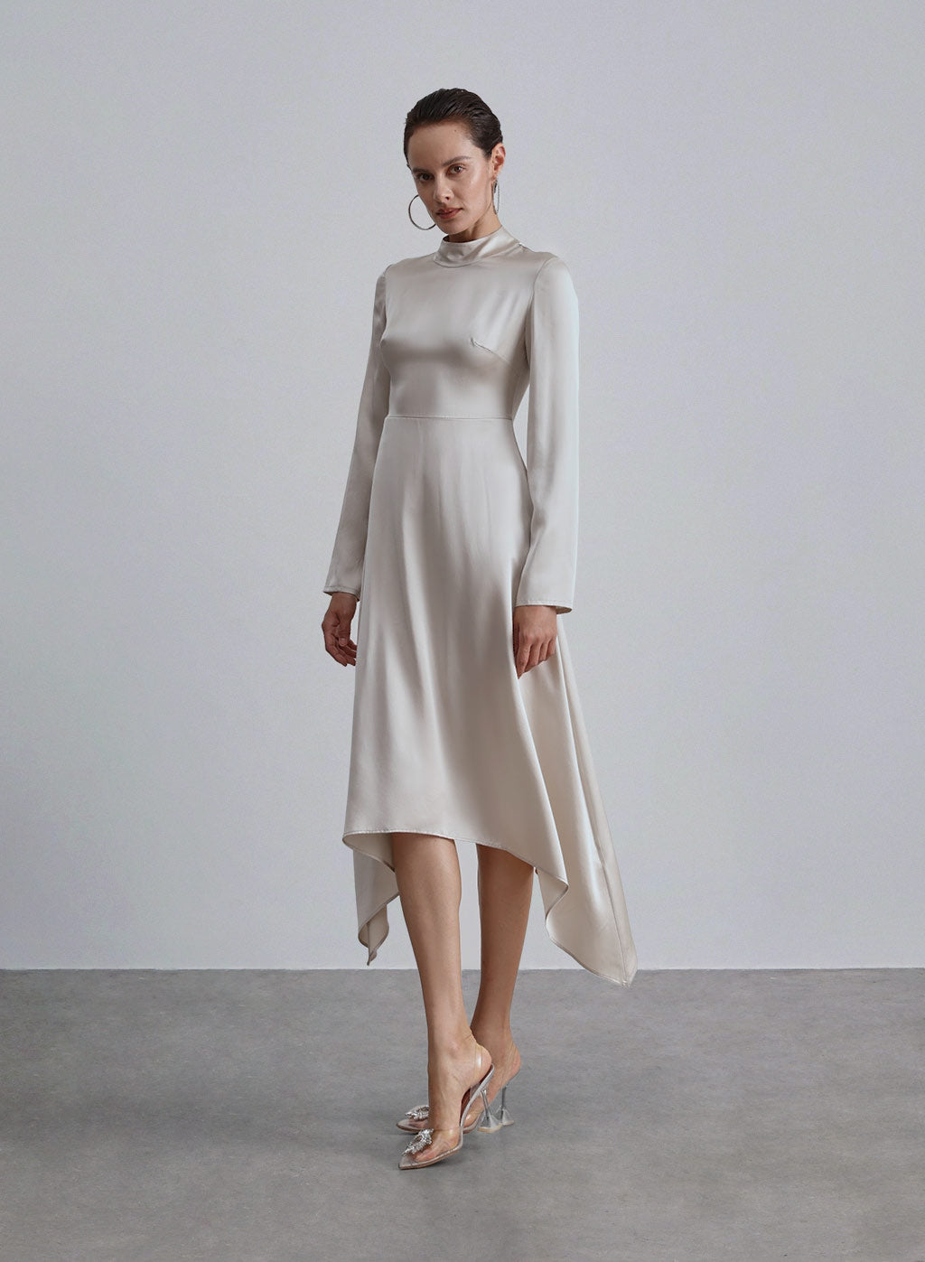 Turtle Neck High Low Hem Silk Dress - Silver White, XS image