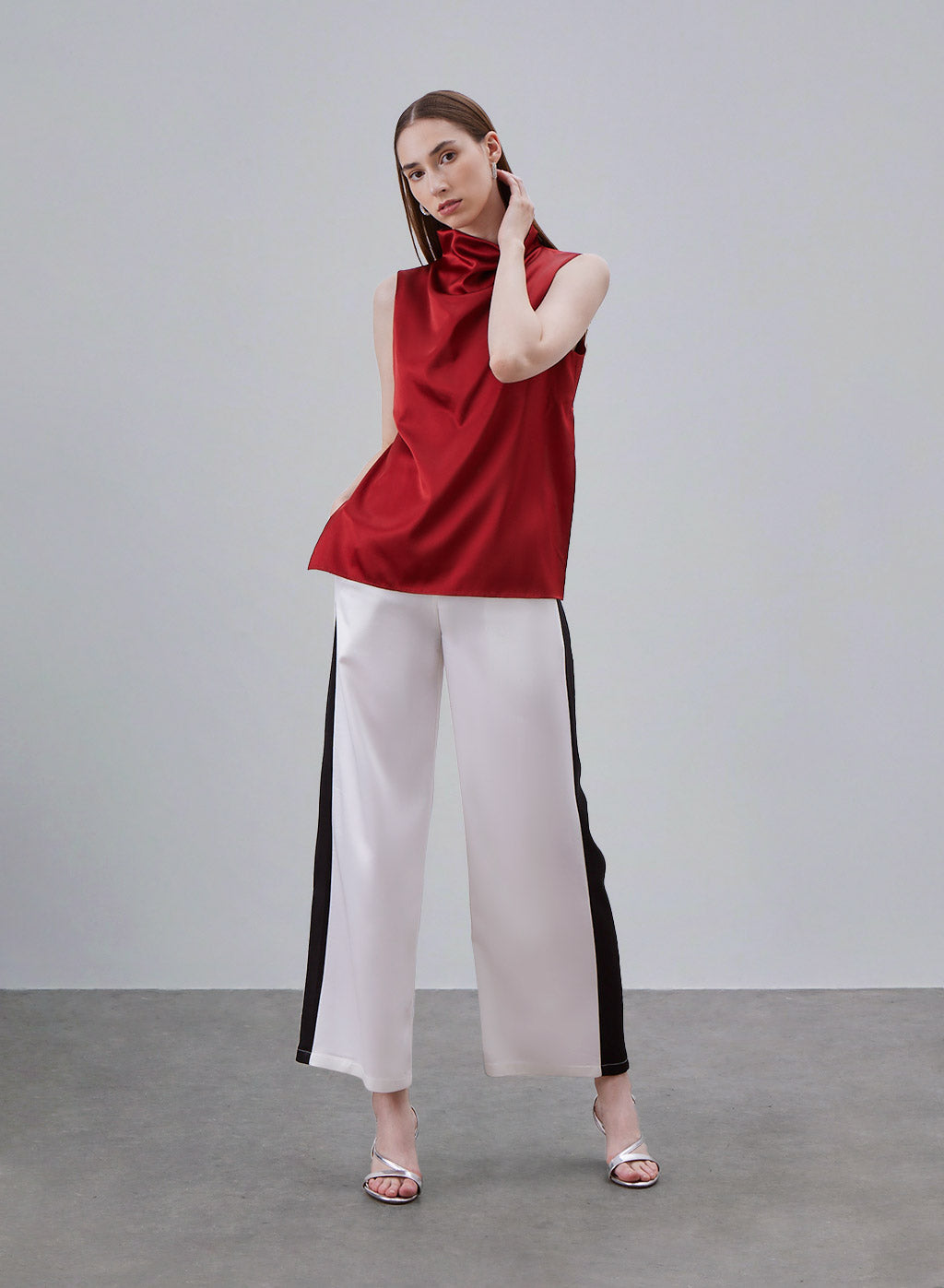 Color Block Loose-fit Satin Pants - Pearl White, S image