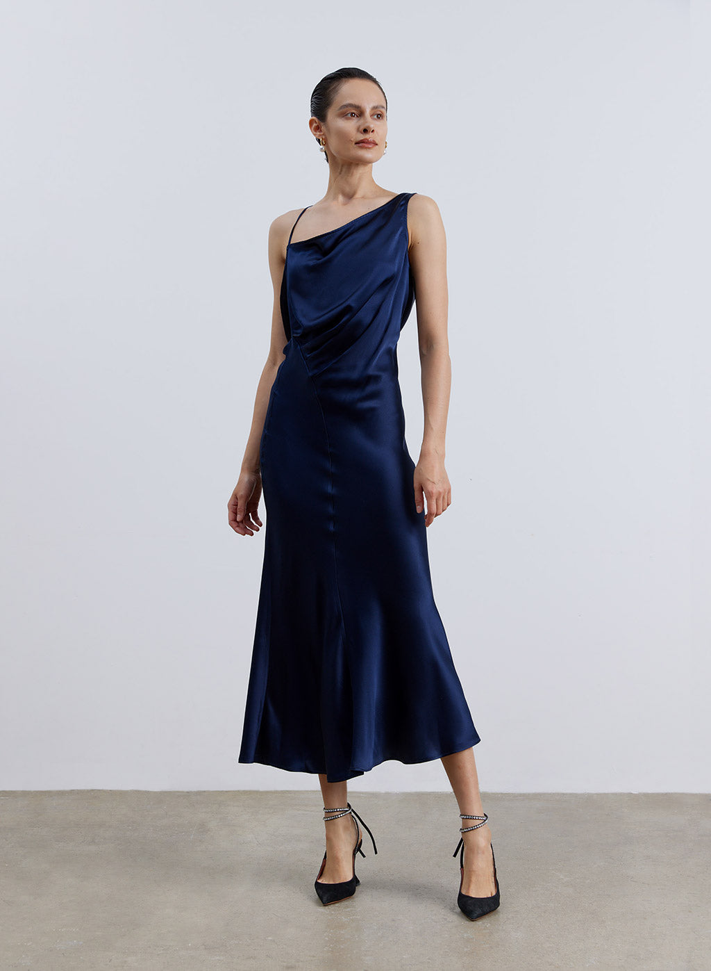 Back Cross Cowl Neck Silk Dress - Navy, XS image
