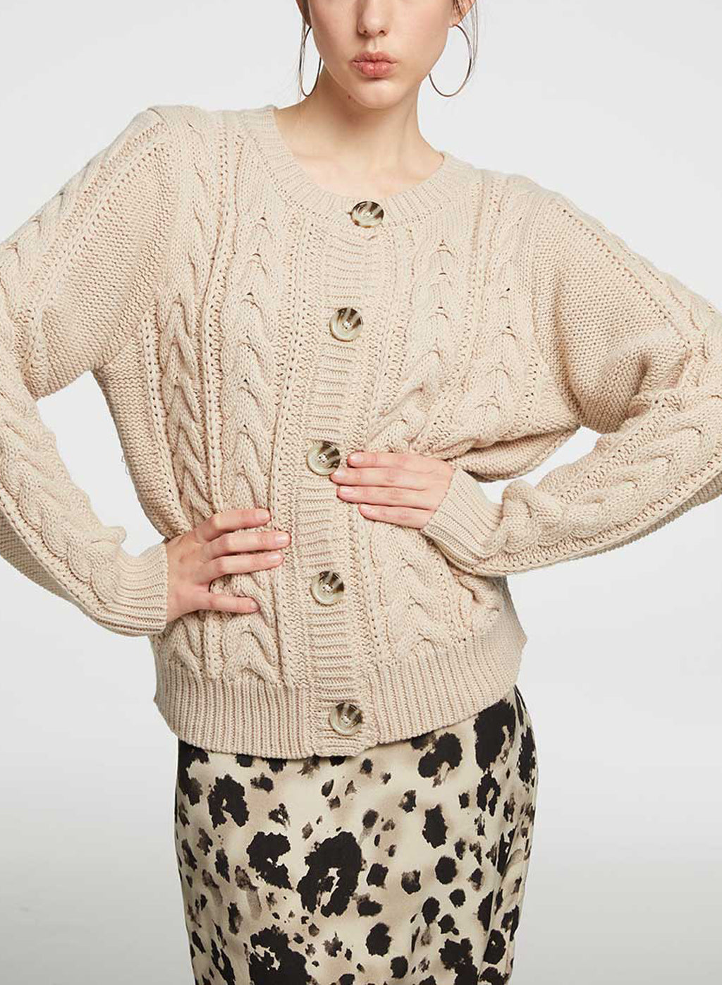 Crewneck Buttoned Cable-knit Cardigan - Cream, M image