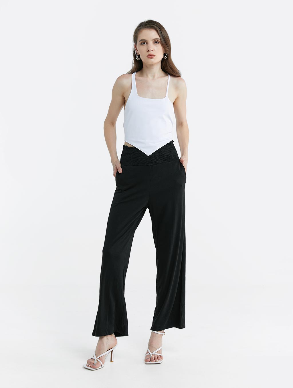 Smocked Waist Wide Pants - Black, S image
