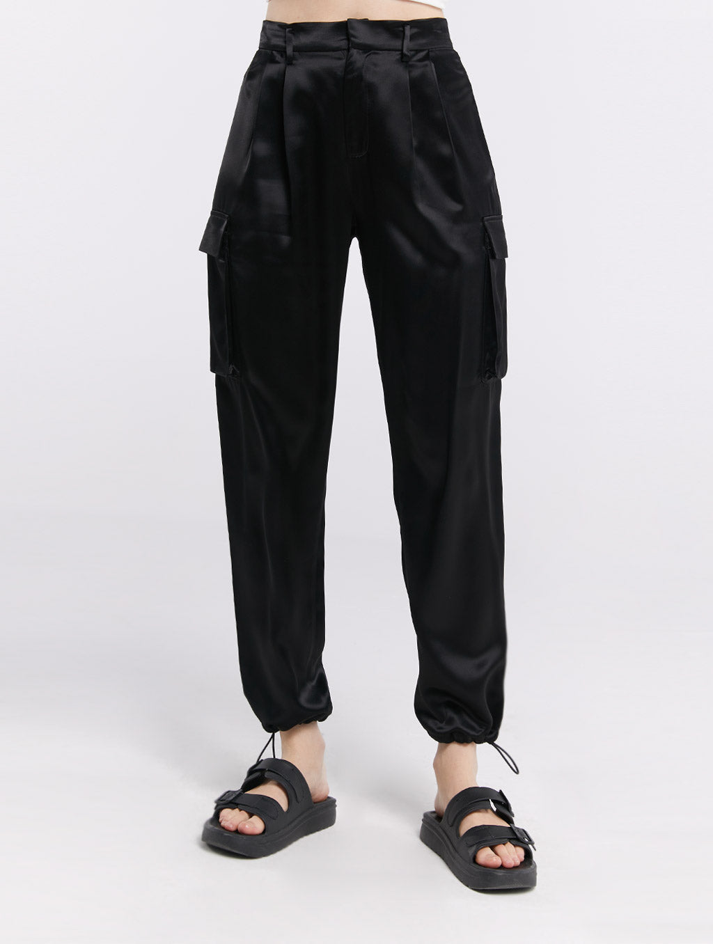 Satin Effect Cargo Pants - Black, XL image