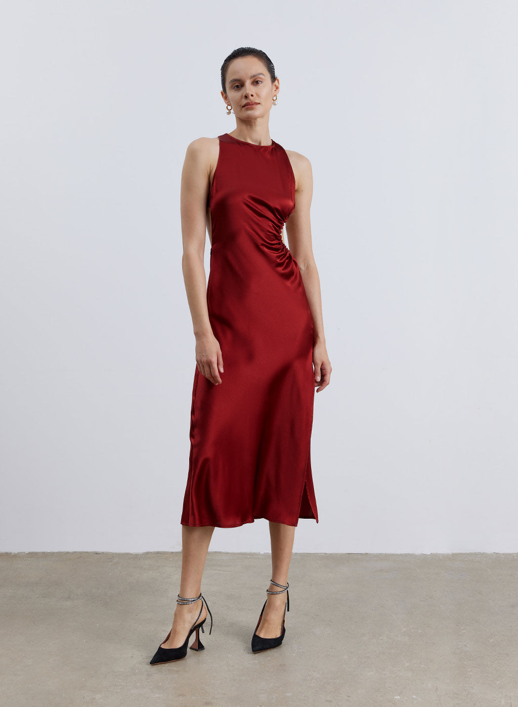 Side Drawstring Open Back Silk Dress - Burgundy, XS image