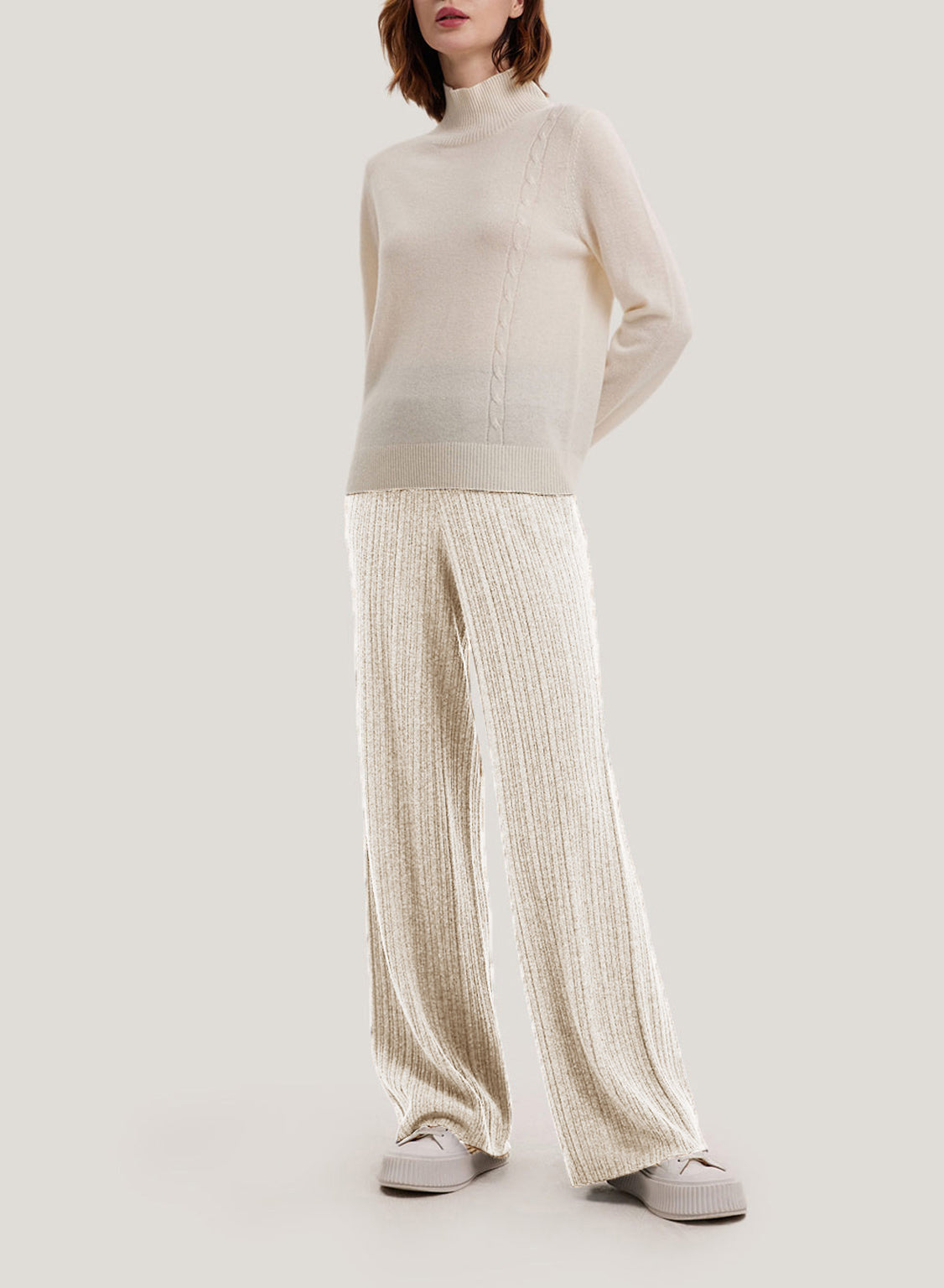Pure Yak Wool Wide-Leg Trousers - Beige, M image