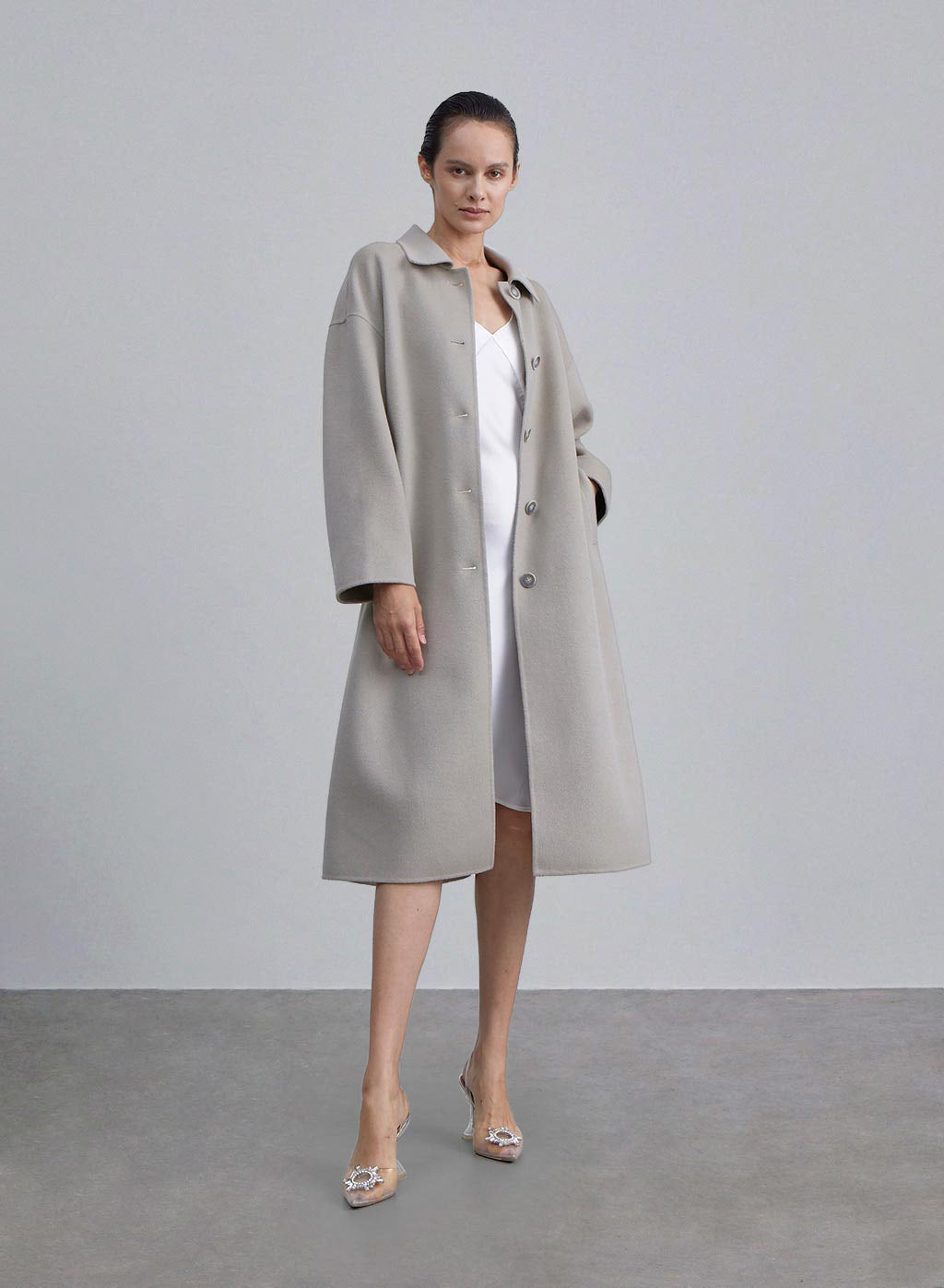 Draped Shoulder Single Breasted Wool Coat - Silver Grey, S image