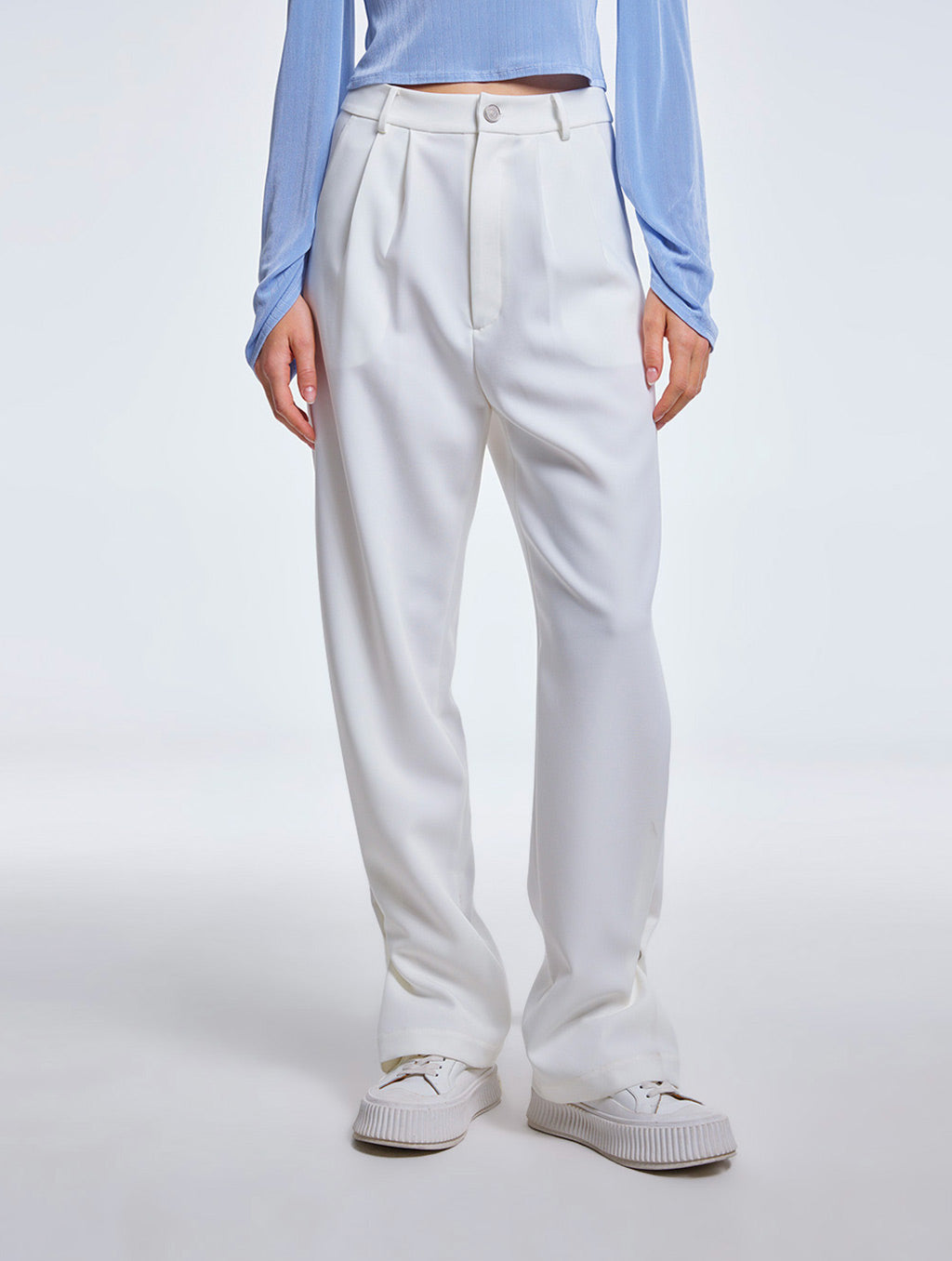 Pleated Straight Pants with Buttoned Bottom - White, M image