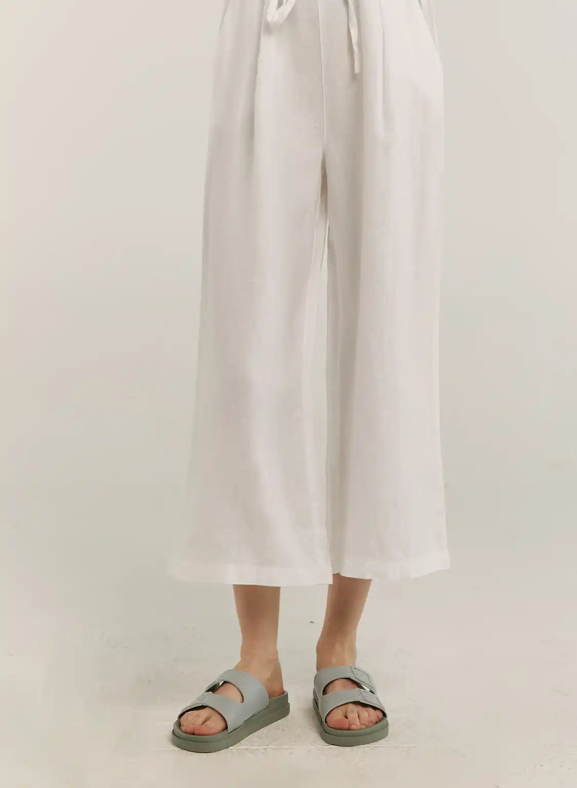 100% Linen Cropped Drawstring-Detail Wide Pants - White, L image