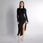 Round Neck Long Sleeve Slim Solid Color Frill Split Ruffled Dress image 0