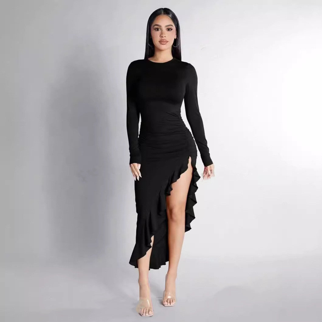 Round Neck Long Sleeve Slim Solid Color Frill Split Ruffled Dress image 0