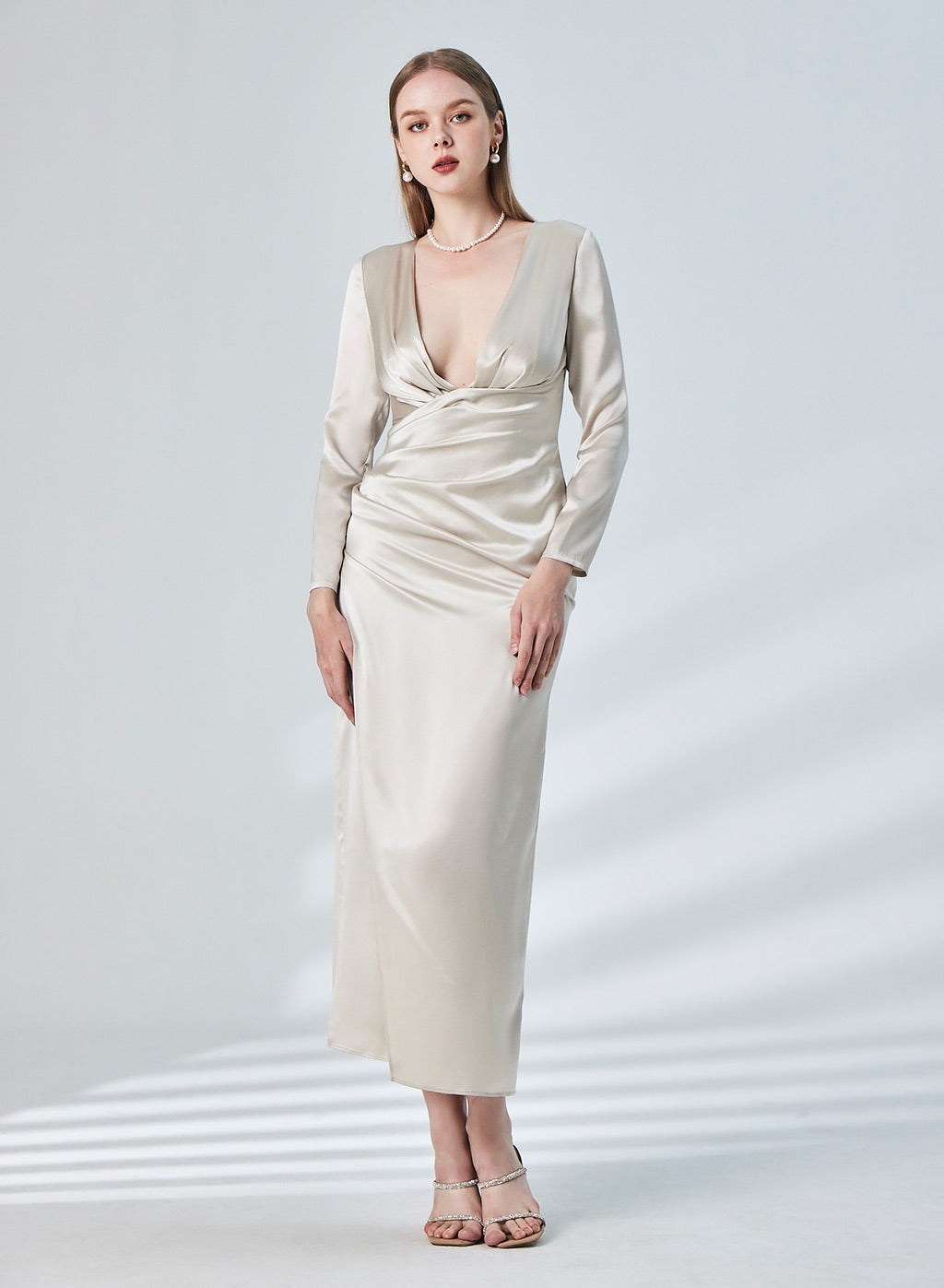Plunge V-neck Long Sleeve Silk Dress image 0