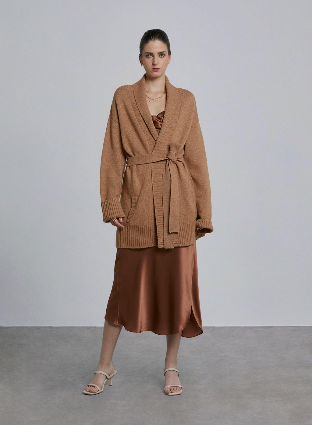 Belted Ribbed Trim Wool Cardigan