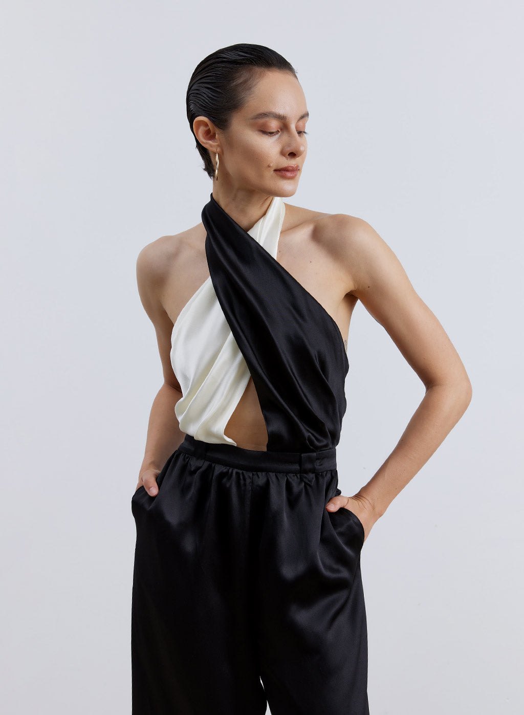 B&amp;W Halter Neck Silk Jumpsuit - Midnight Black, XS image