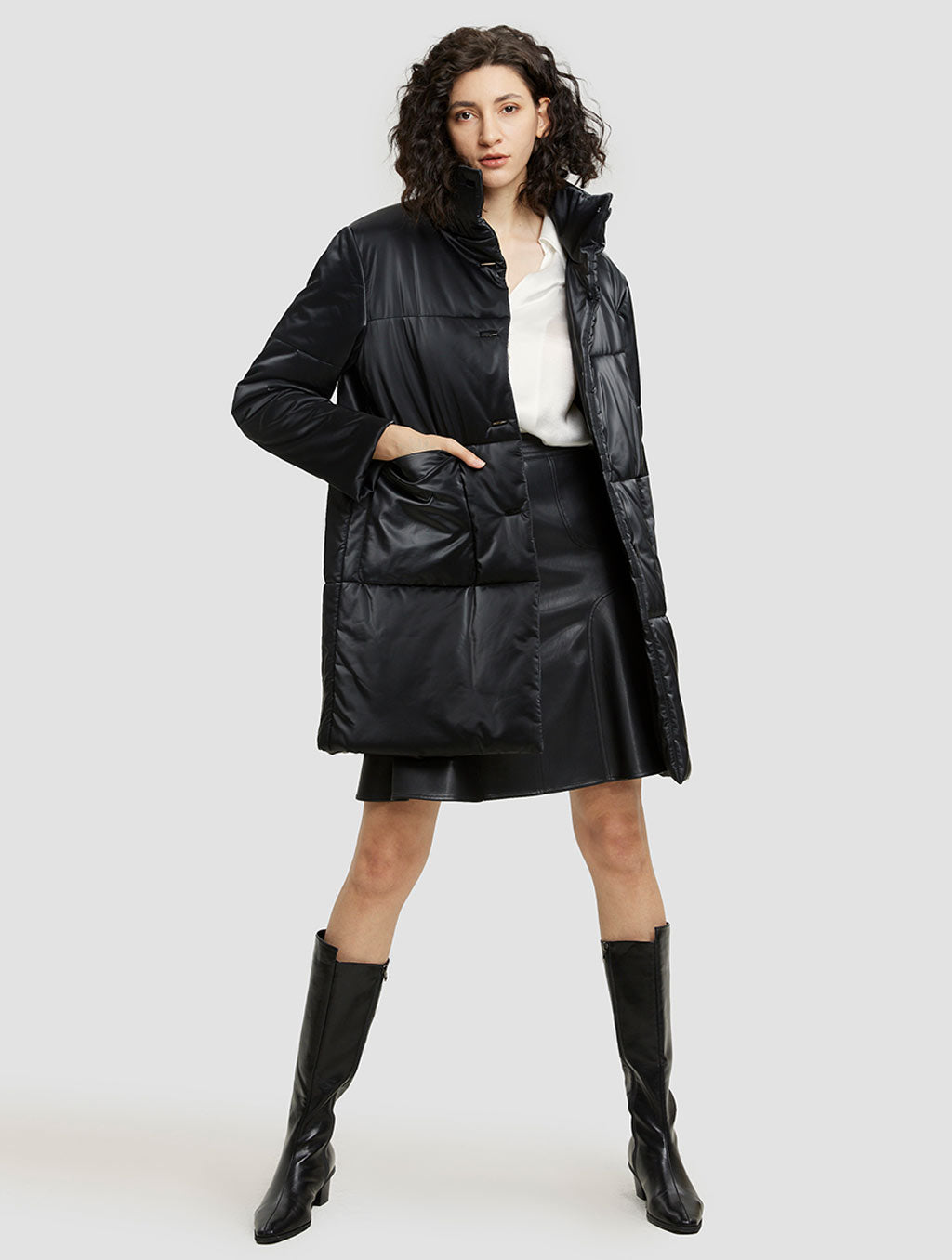 Faux Leather Cotton-padded Coat