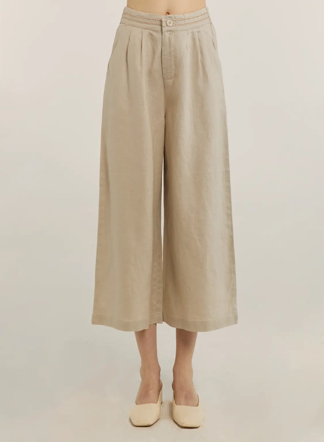 100% Linen Cropped Wide-Leg Pants - Butter Cream, XL image