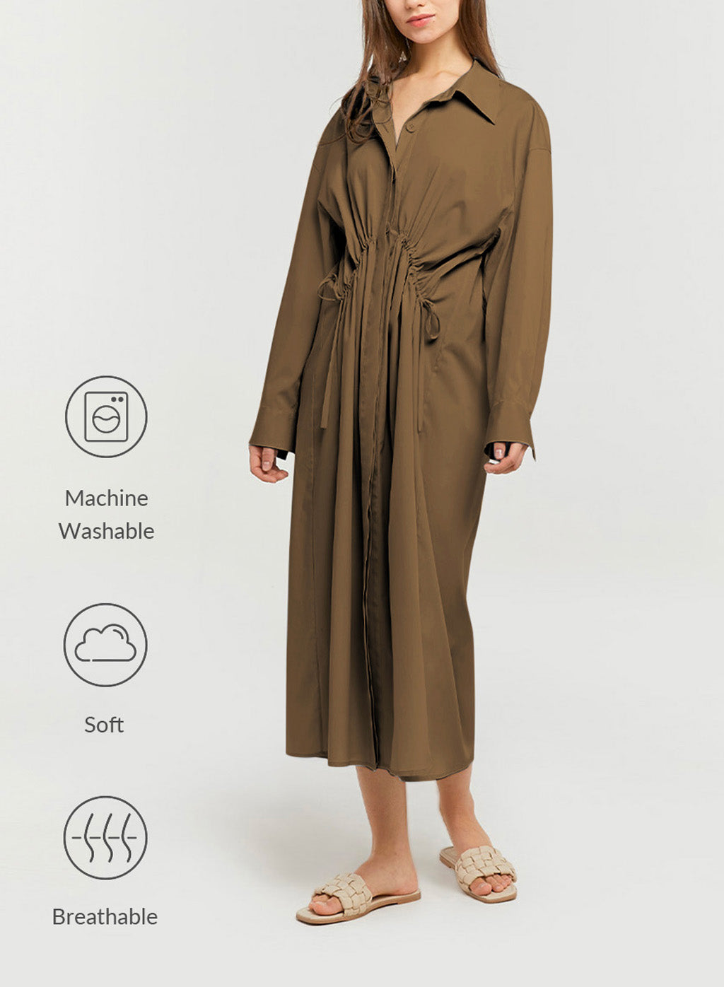 Pleated Shirt Dress - Khaki, L image